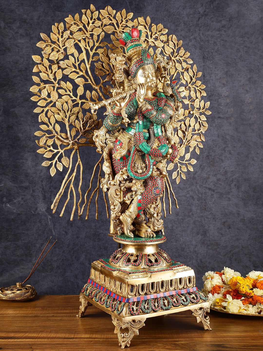 Krishna Superfine Brass Idol with Kalpavriksha Tree | Multicolour Stonework