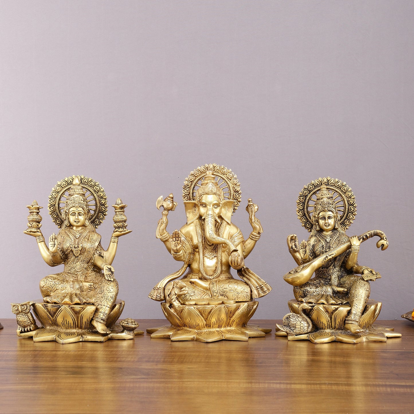 Pure Brass Ganesh Lakshmi Saraswati Set - 11" Divine Trio for Prosperity