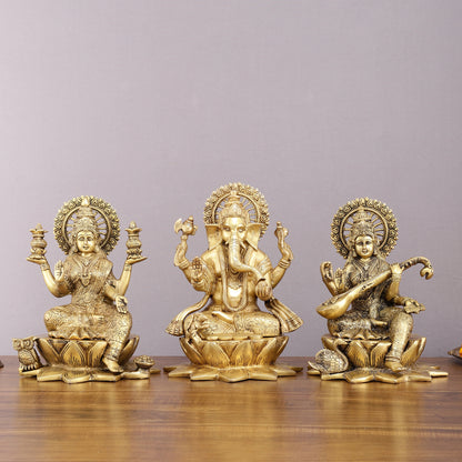 Pure Brass Ganesh Lakshmi Saraswati Set - 11" Divine Trio for Prosperity