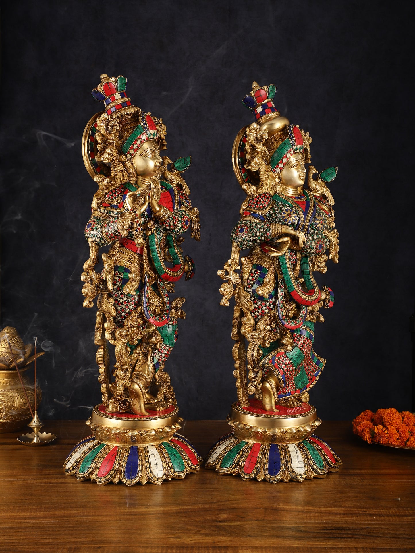 Pure Brass Superfine Radha Krishna Statue with Stonework, 27" Height, 40 KG