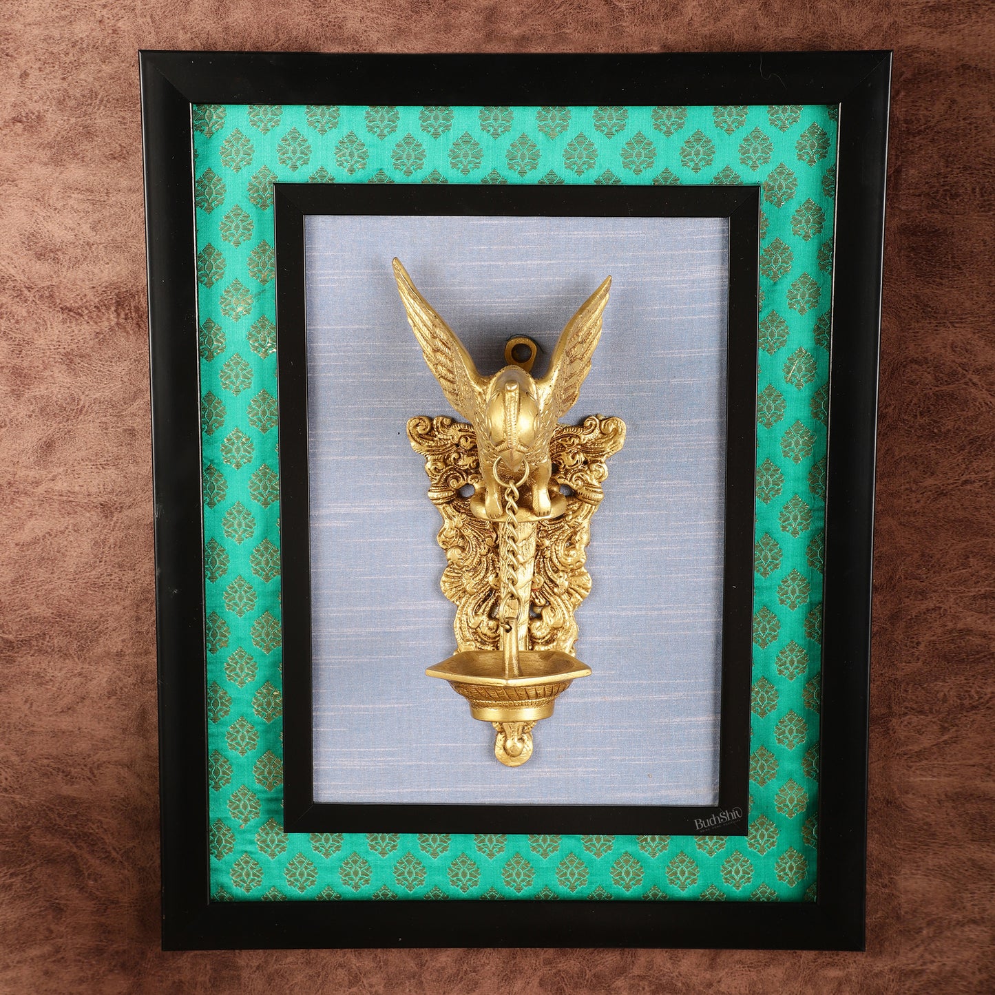 Elegant Brass Parrot Diya on Wooden Frame Wall Decor - 17.5" x 14"