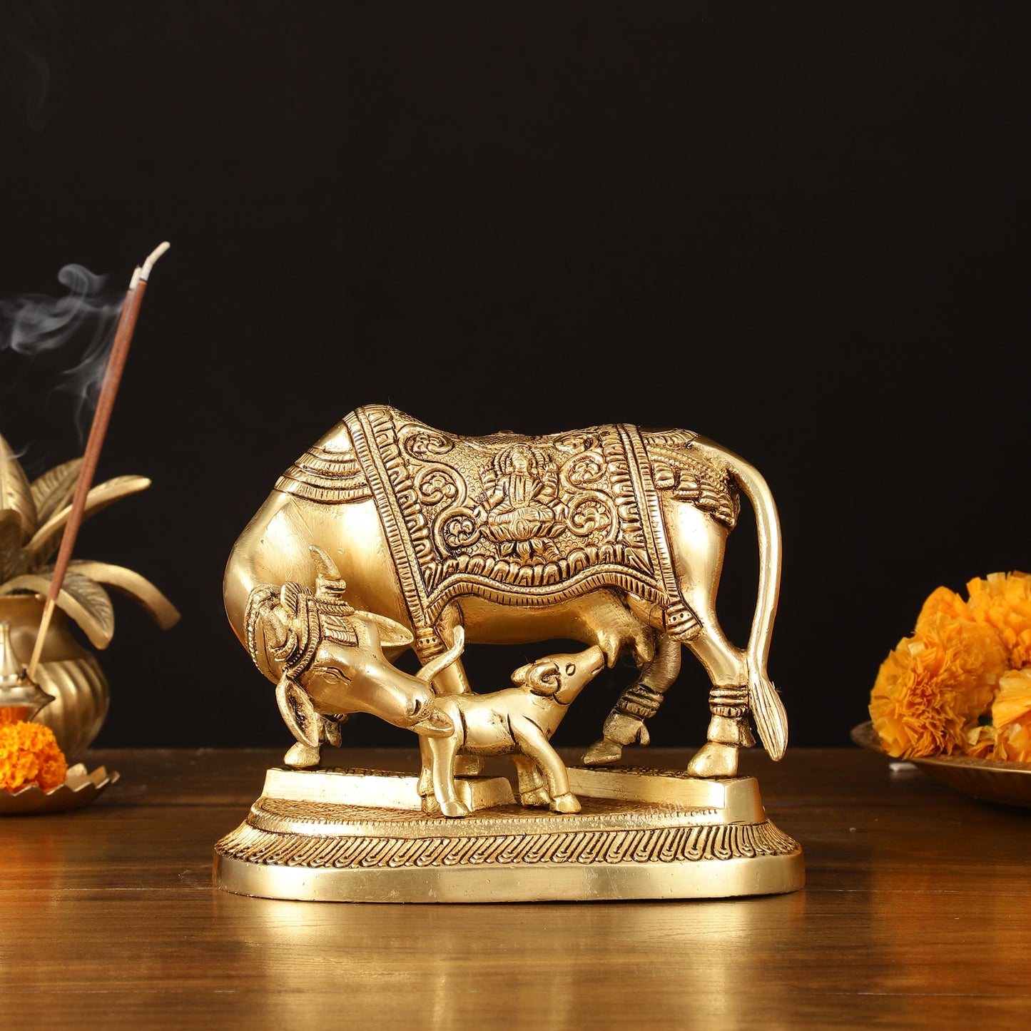 Pure Brass Superfine Kamdhenu Cow with Calf Idol - 7" Divine Sculpture