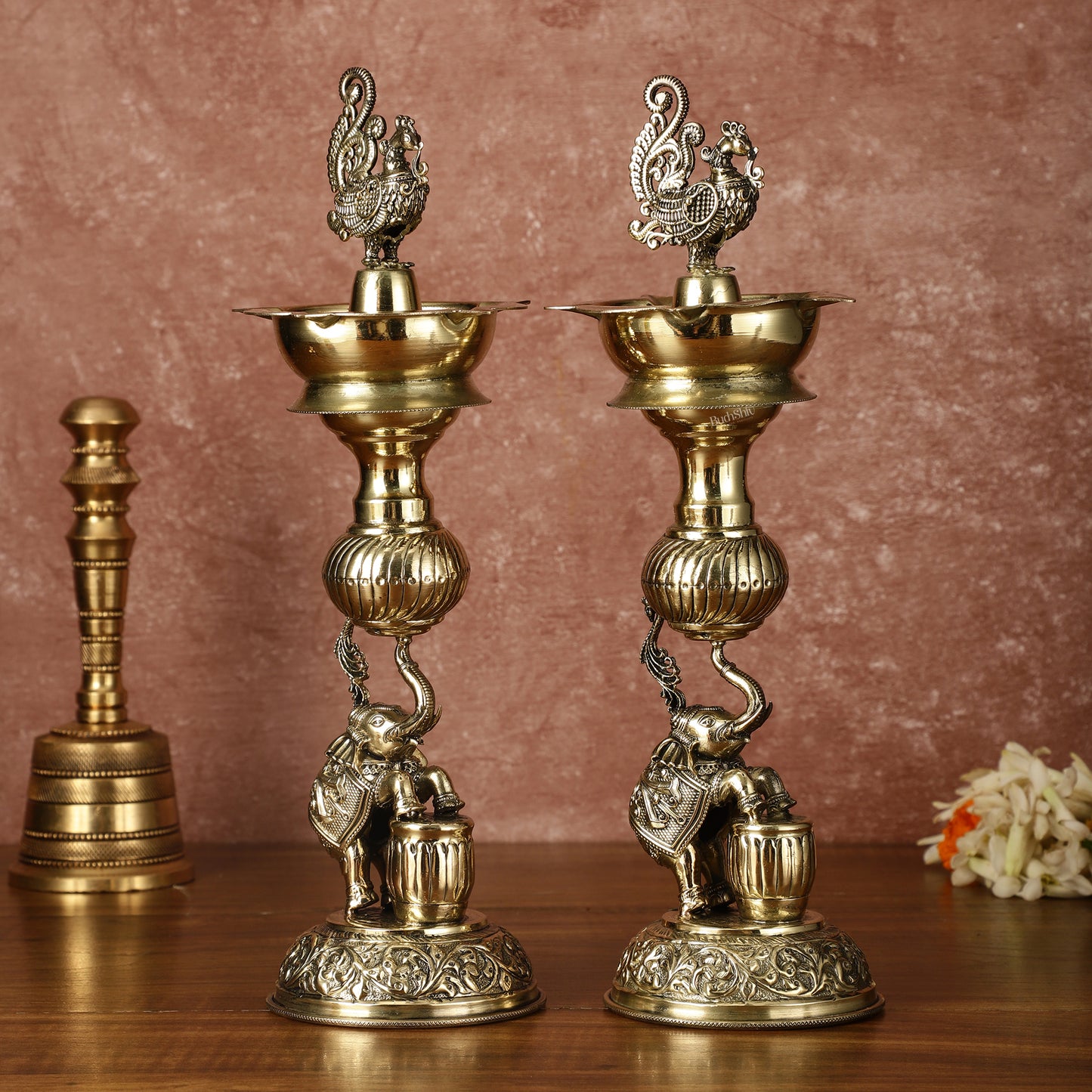 Pair of Brass Superfine Jumping Elephant Peacock Lamps - Intricately Handcrafted - 11.5" Tall