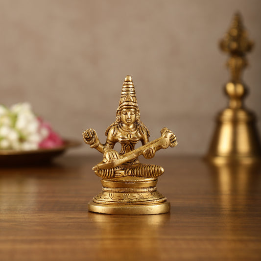 Pure Brass Small Goddess Saraswati Idol | 3.5 Inch