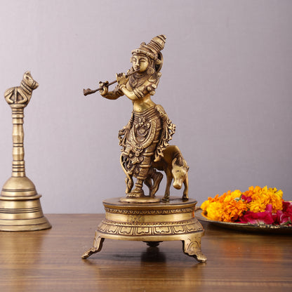 Brass Krishna with Cow on Round Pedestal - Venugopala Murthy | 10.5"