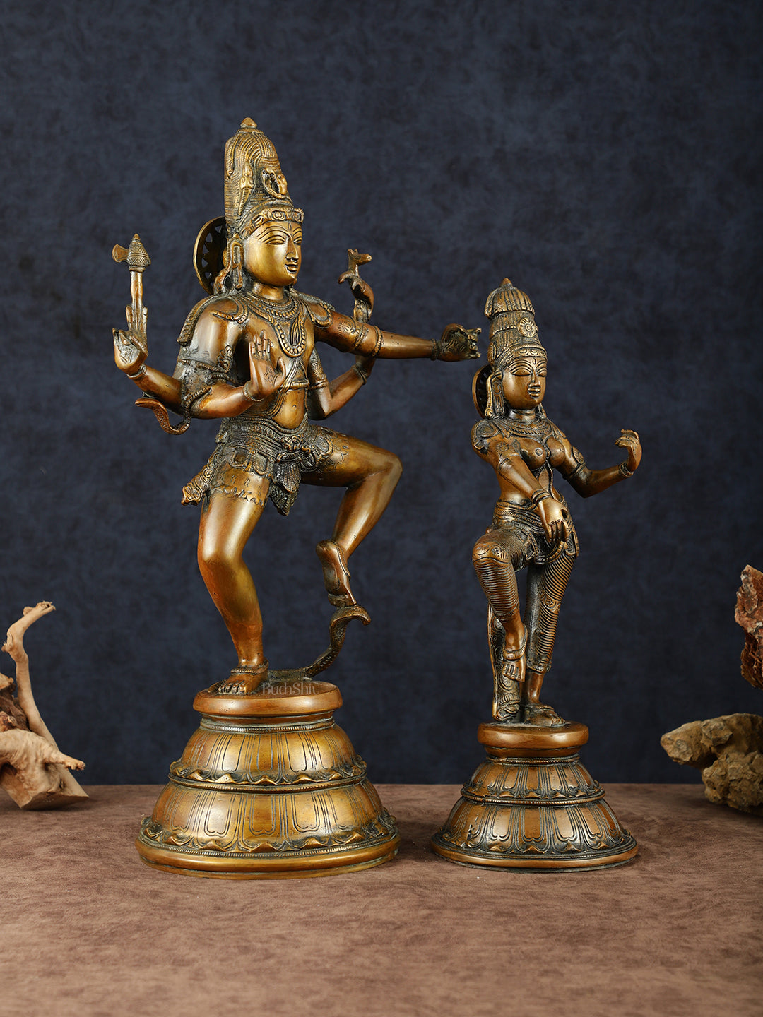 Brass Dancing Shiva and Parvati Statue Set – 22" Heights, Bronze Brown Finish