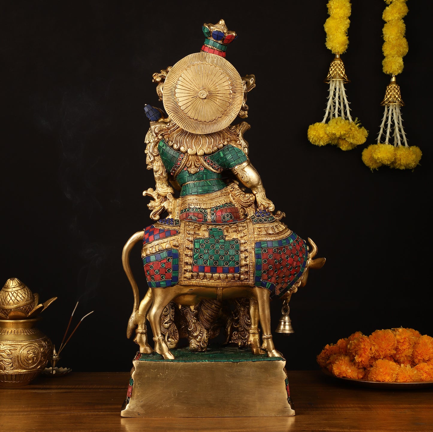 Exquisite Brass Radha with Cow Idol - 26.5" Height, Meenakari Stonework