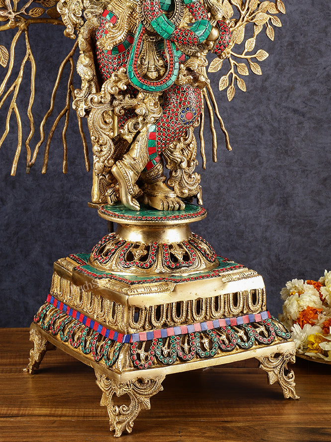 Krishna Superfine Brass Idol with Kalpavriksha Tree | Multicolour Stonework