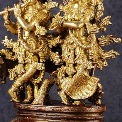 Pure Brass Radha Krishna with Cow Statue | Dual Tone | Height: 16.5 inch