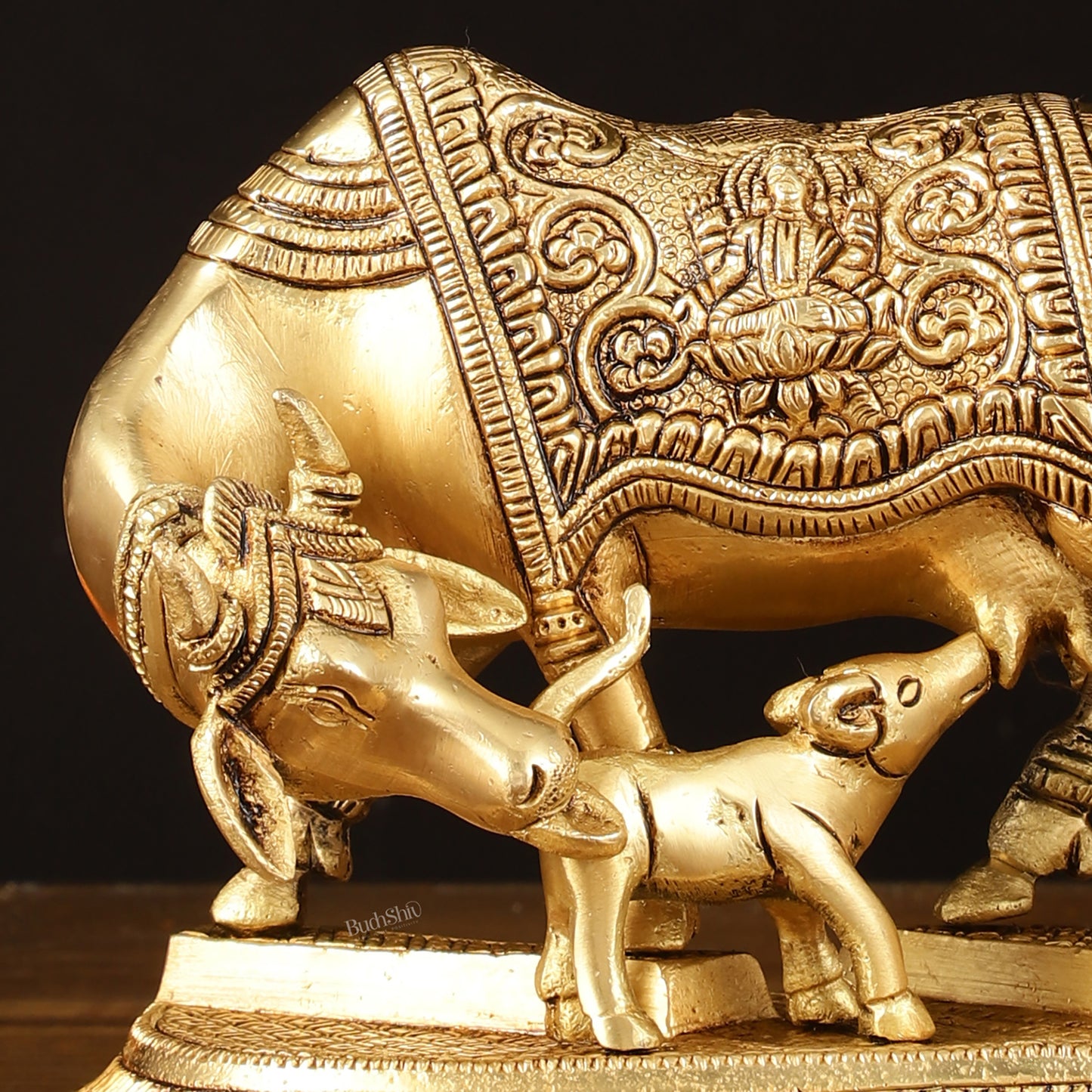 Pure Brass Superfine Kamdhenu Cow with Calf Idol - 7" Divine Sculpture