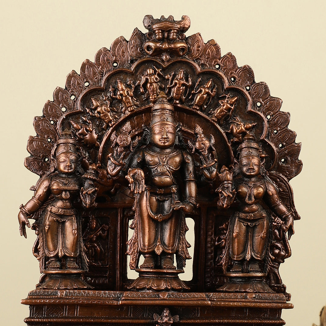 7" Pure Copper Tirupati Balaji with Bhudevi and Sridevi Dashavatar Arch Statue
