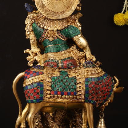 Exquisite Brass Radha with Cow Idol - 26.5" Height, Meenakari Stonework