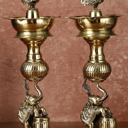 Pair of Brass Superfine Jumping Elephant Peacock Lamps - Intricately Handcrafted - 11.5" Tall