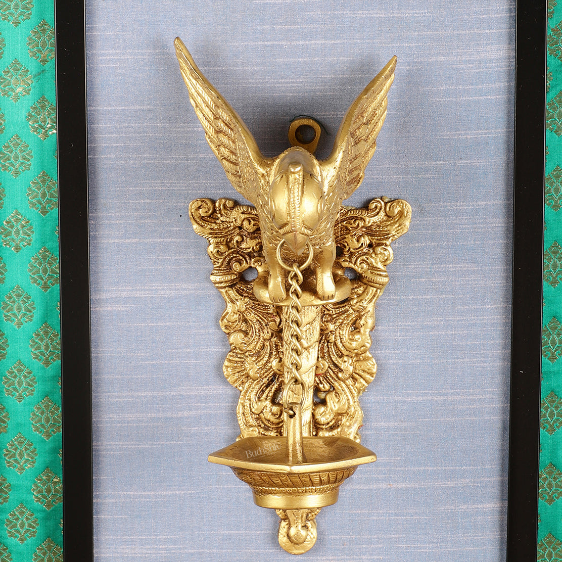 Elegant Brass Parrot Diya on Wooden Frame Wall Decor - 17.5" x 14"