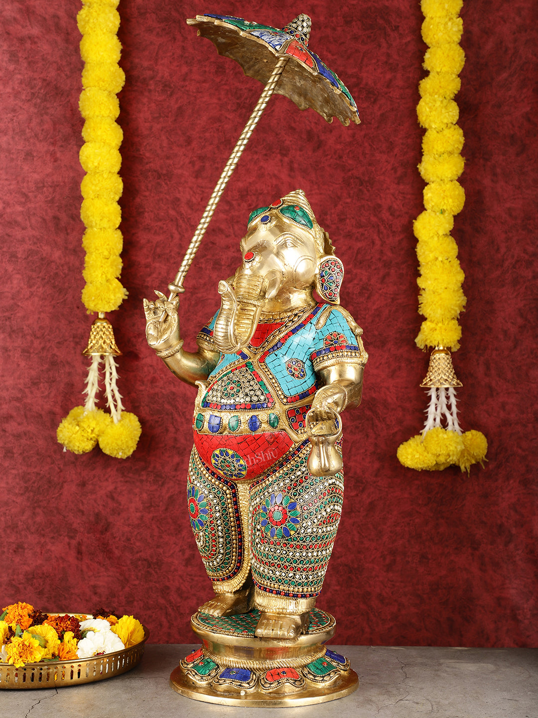 29-inch Standing Lord Ganesha Statue with Umbrella meenakari Stonework