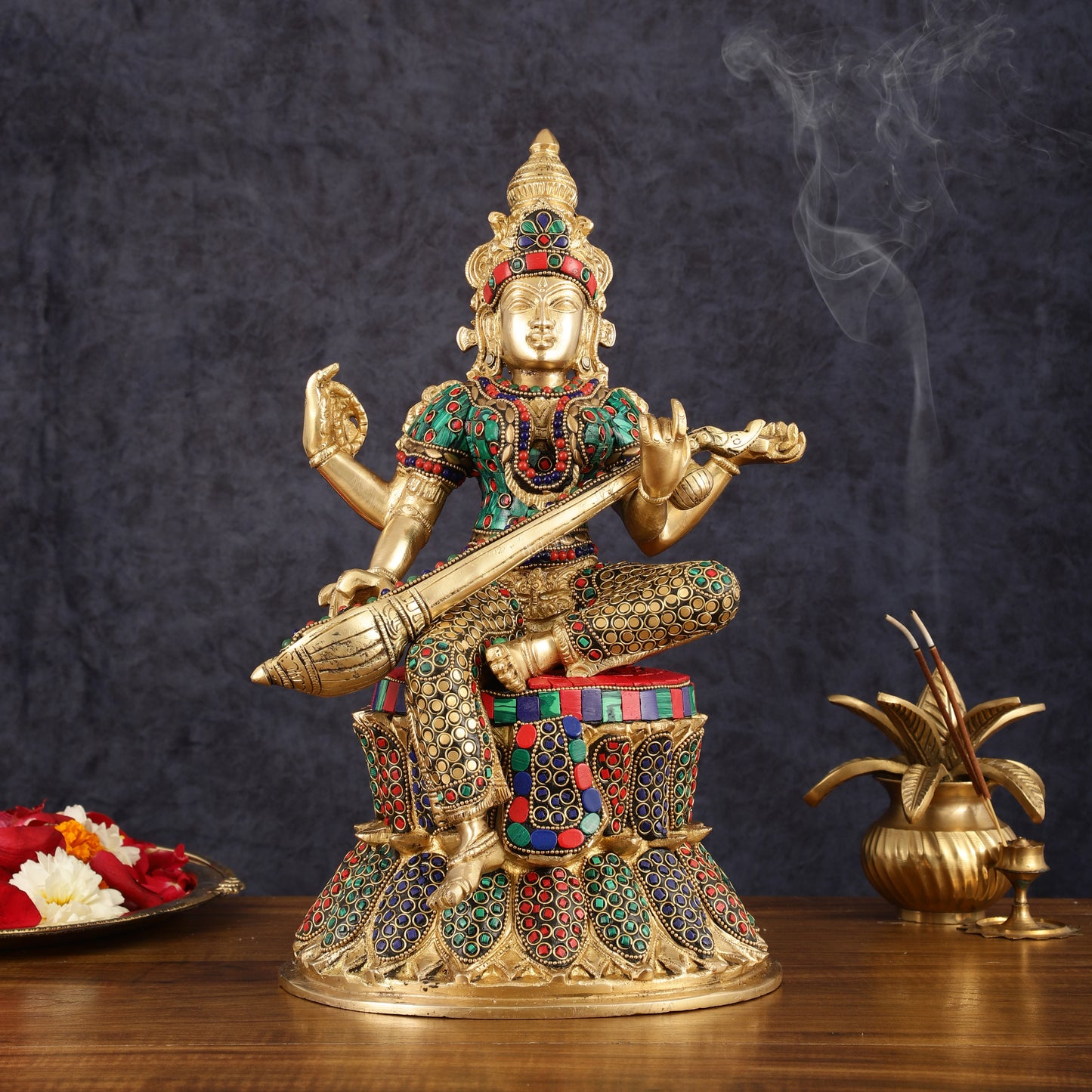 15-Inch Brass Ganesha, Lakshmi, and Saraswati Idols on Lotus Base | Divine Trio