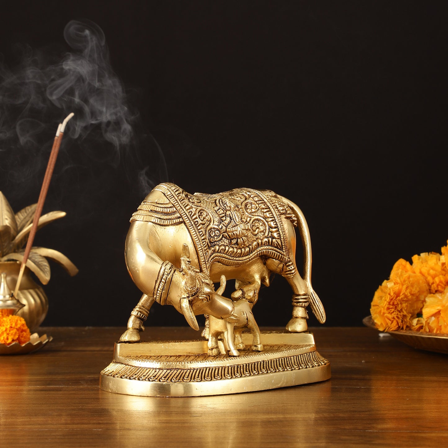 Pure Brass Superfine Kamdhenu Cow with Calf Idol - 7" Divine Sculpture