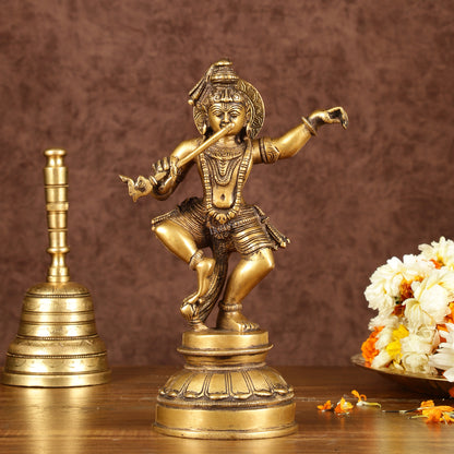 Ancient Form Brass Dancing Krishna Idol | Height: 9 inch