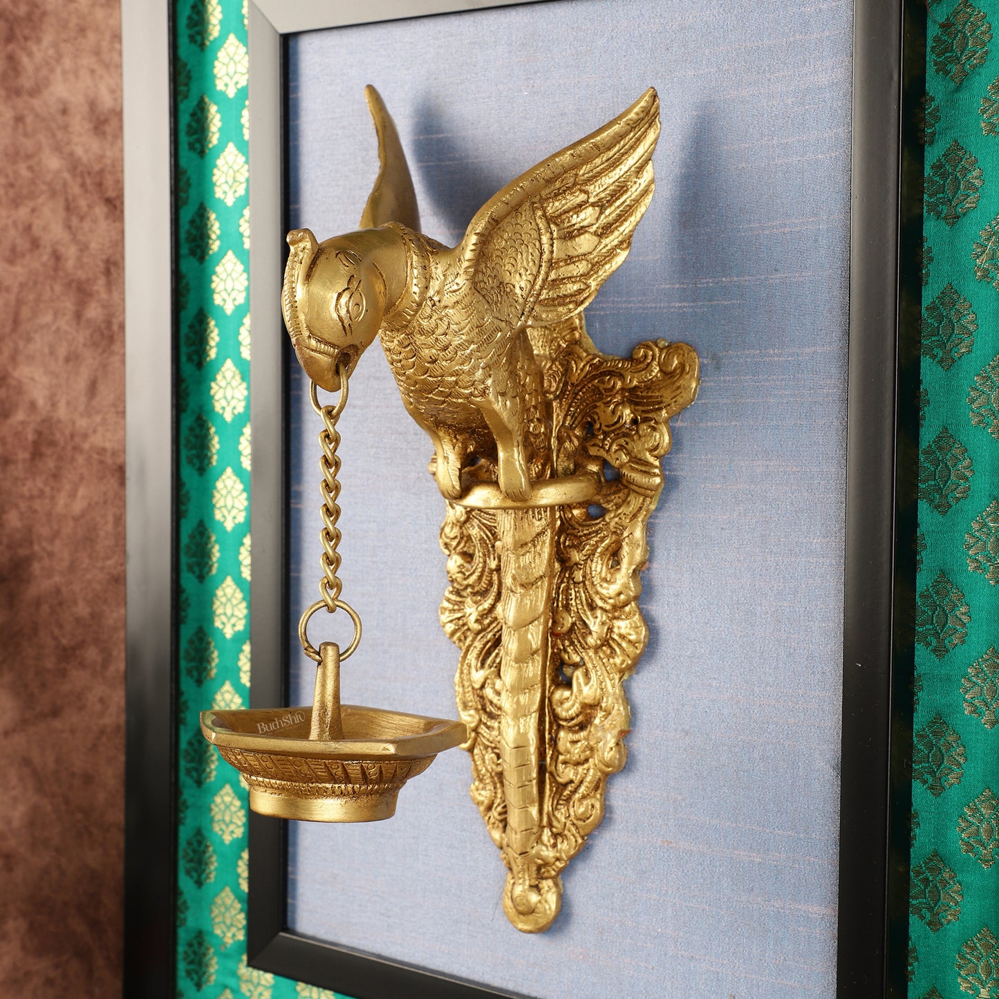 Elegant Brass Parrot Diya on Wooden Frame Wall Decor - 17.5" x 14"