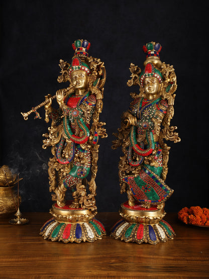 Pure Brass Superfine Radha Krishna Statue with Stonework, 27" Height, 40 KG