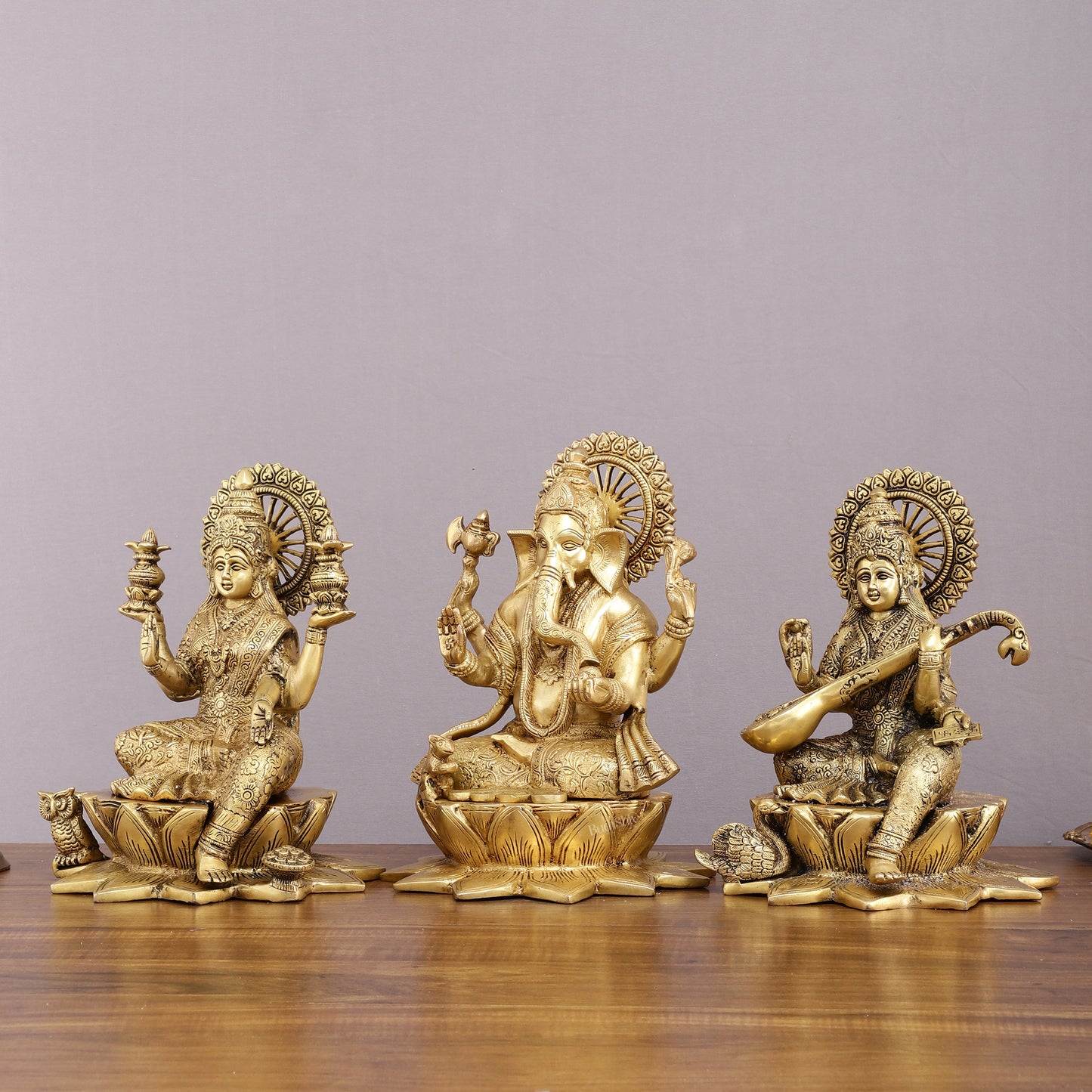 Pure Brass Ganesh Lakshmi Saraswati Set - 11" Divine Trio for Prosperity