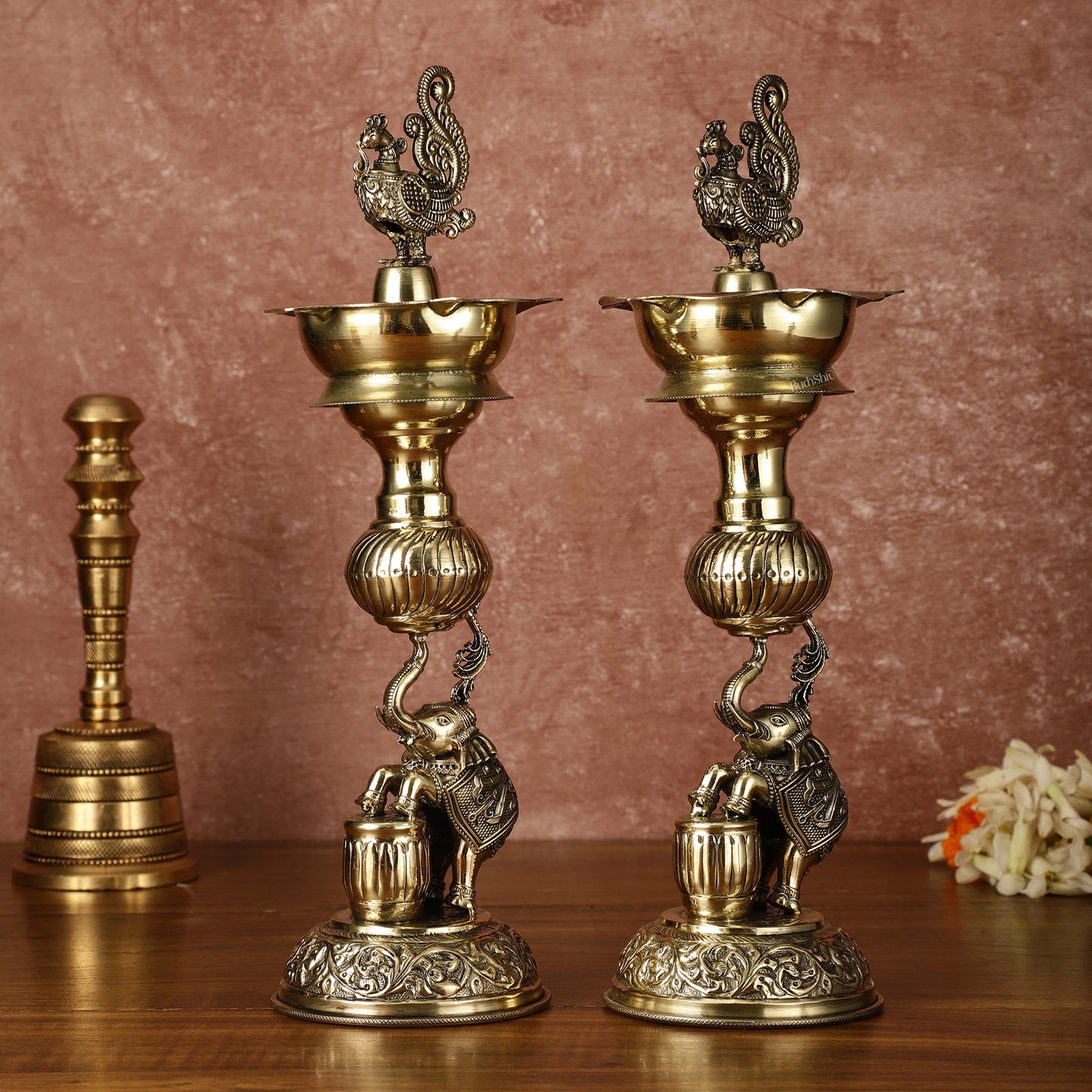 Pair of Brass Superfine Jumping Elephant Peacock Lamps - Intricately Handcrafted - 11.5" Tall