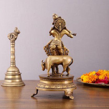 Brass Krishna with Cow on Round Pedestal - Venugopala Murthy | 10.5"