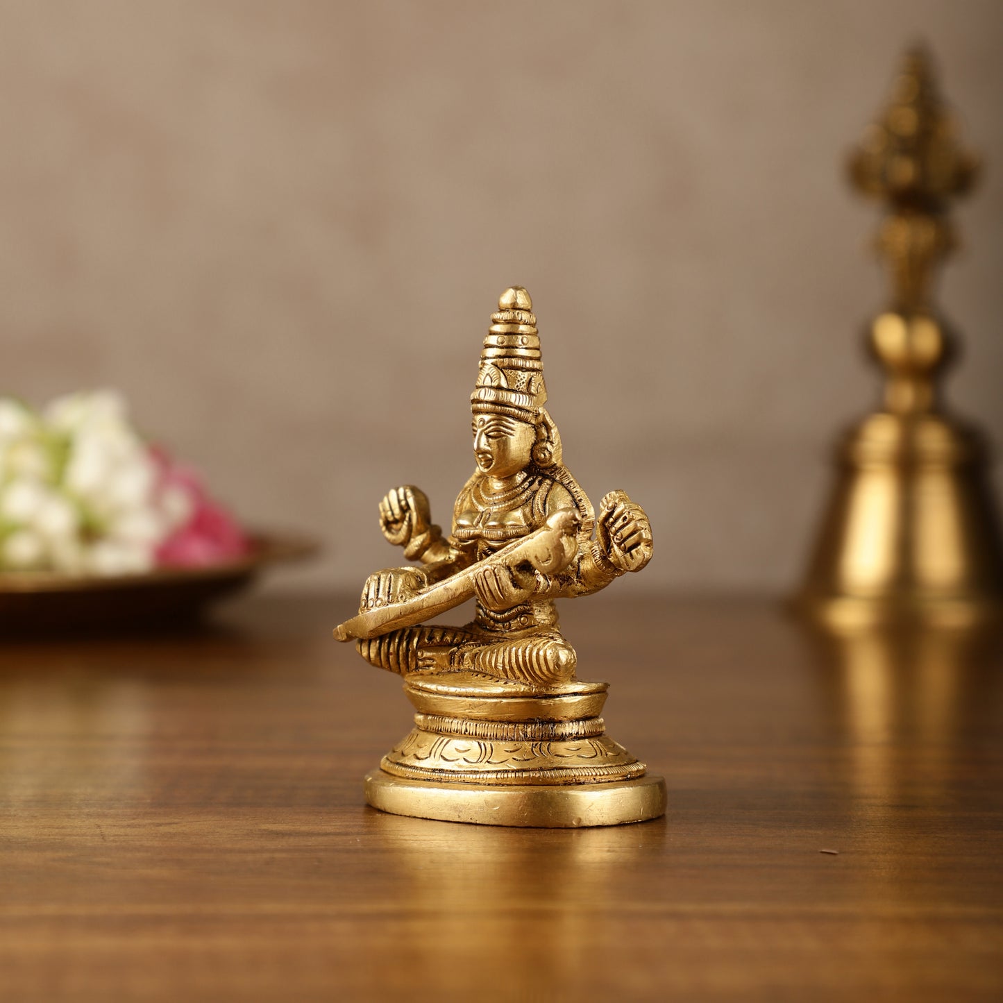 Pure Brass Small Goddess Saraswati Idol | 3.5 Inch