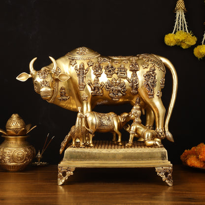 Brass Handcrafted Large Cow with Calf and Hindu Deities 20 inch