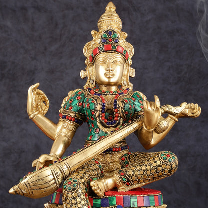 Brass Saraswati Statue | 14.5" Height | meenakari