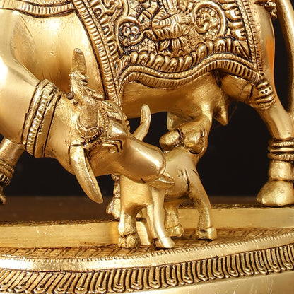 Pure Brass Superfine Kamdhenu Cow with Calf Idol - 7" Divine Sculpture