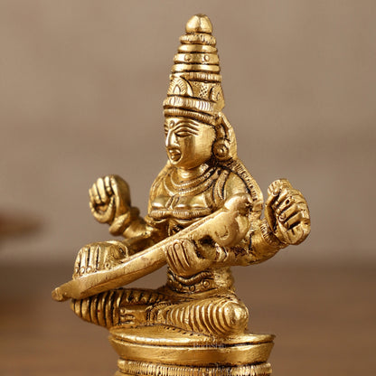 Pure Brass Small Goddess Saraswati Idol | 3.5 Inch