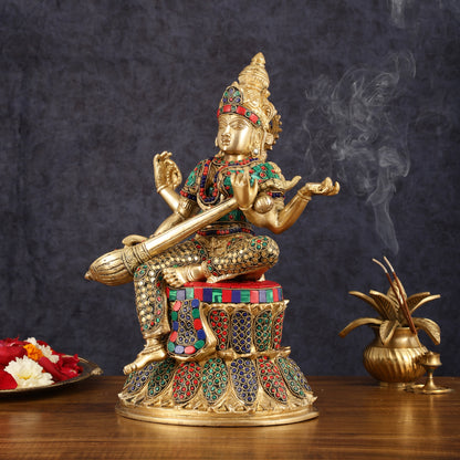 Brass Saraswati Statue | 14.5" Height | meenakari