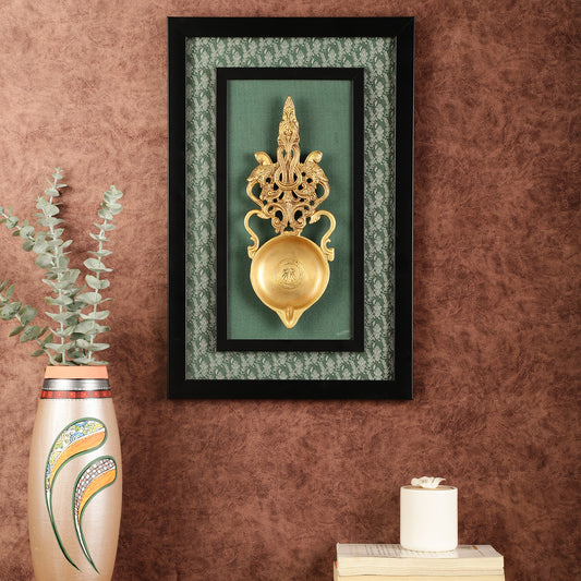 Unique Brass Diya on Wooden Frame with Premium Fabric | 18.5 Inch Wall Hanging