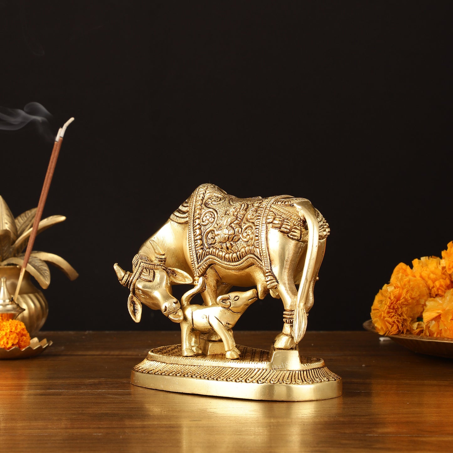 Pure Brass Superfine Kamdhenu Cow with Calf Idol - 7" Divine Sculpture