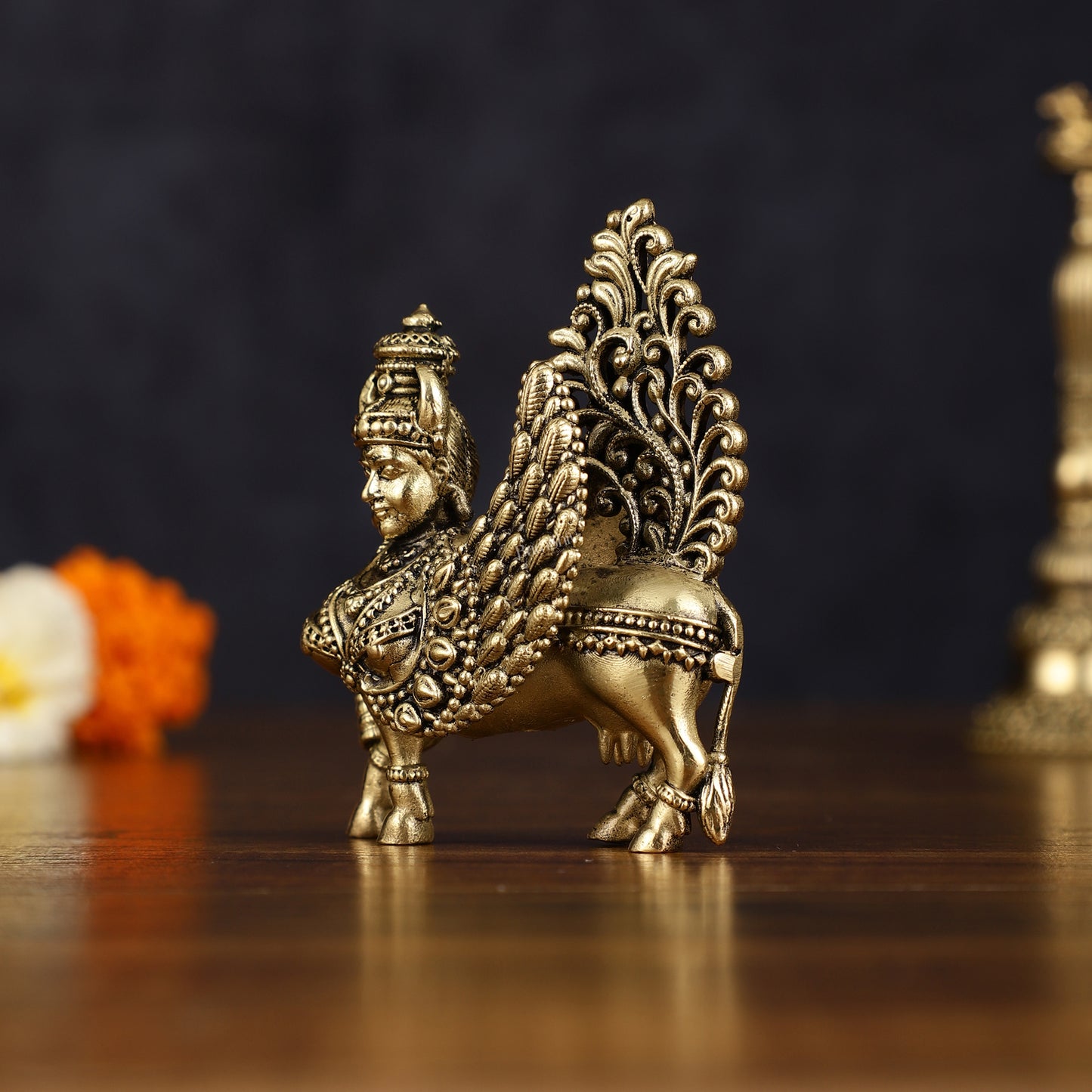 Pure Brass Superfine Kamadhenu Cow with Wings - Intricate Statue 3"