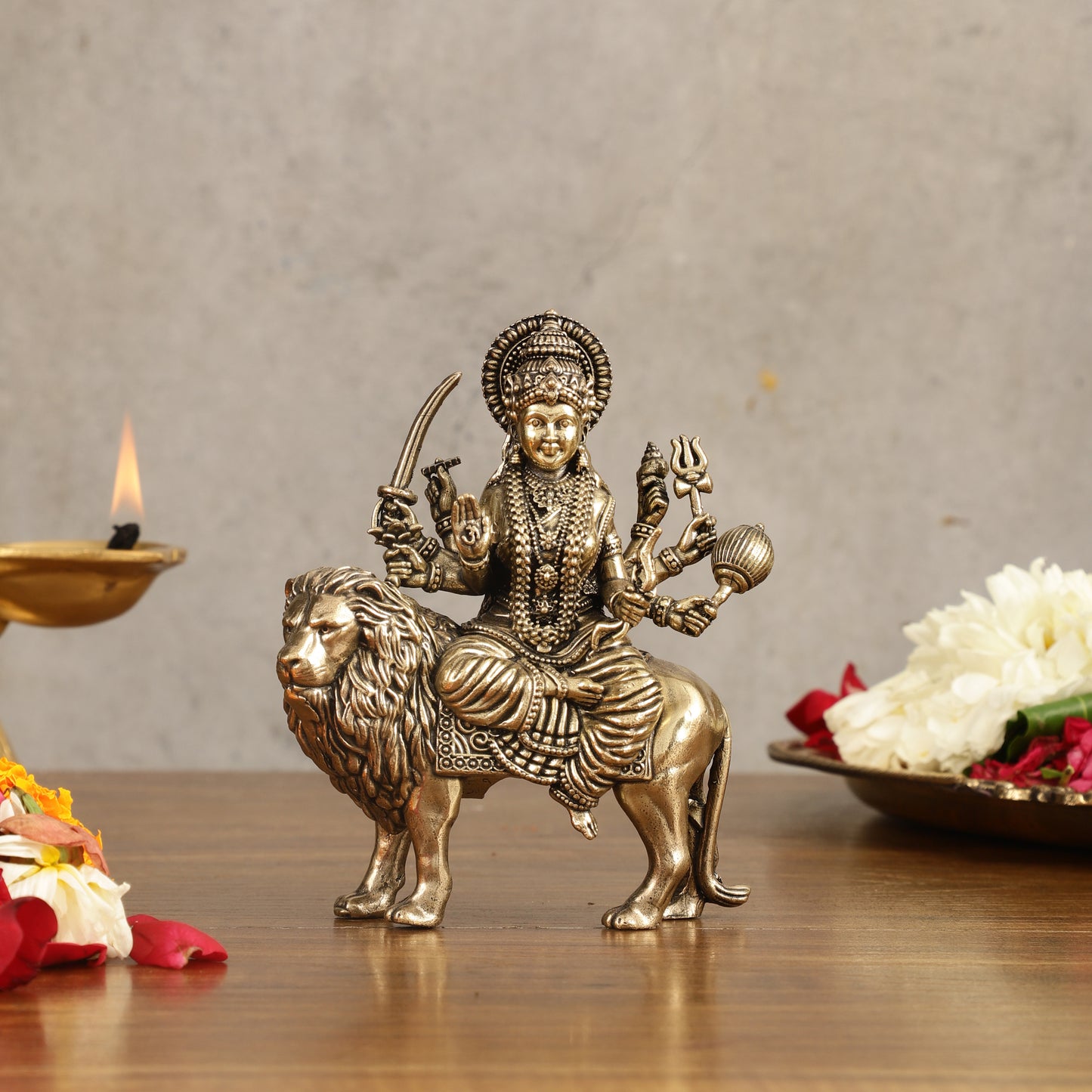 Pure Brass Superfine Durga on Lion Idol - 5 in Height