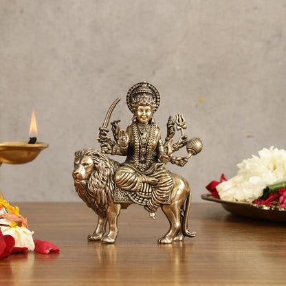 Pure Brass Superfine Durga on Lion Idol - 4 in Height