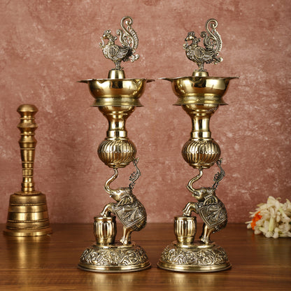 Pair of Brass Superfine Jumping Elephant Peacock Lamps - Intricately Handcrafted - 11.5" Tall