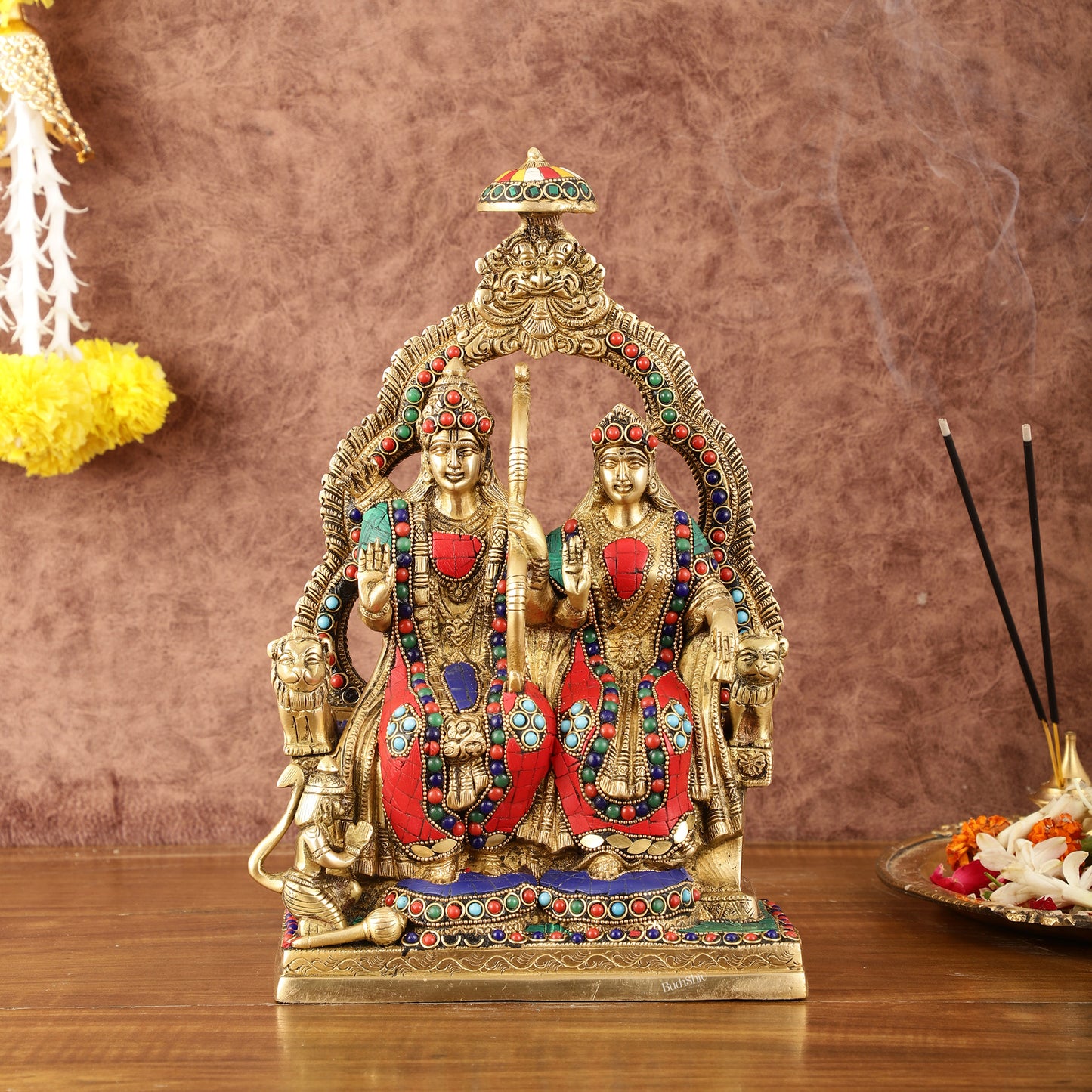 Rama, Sita, and Hanuman brass idol | 11" Height with stonework