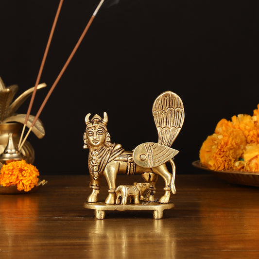 Pure Brass Superfine Kamadhenu Cow with Calf Idol - 3.5" Divine Sculpture