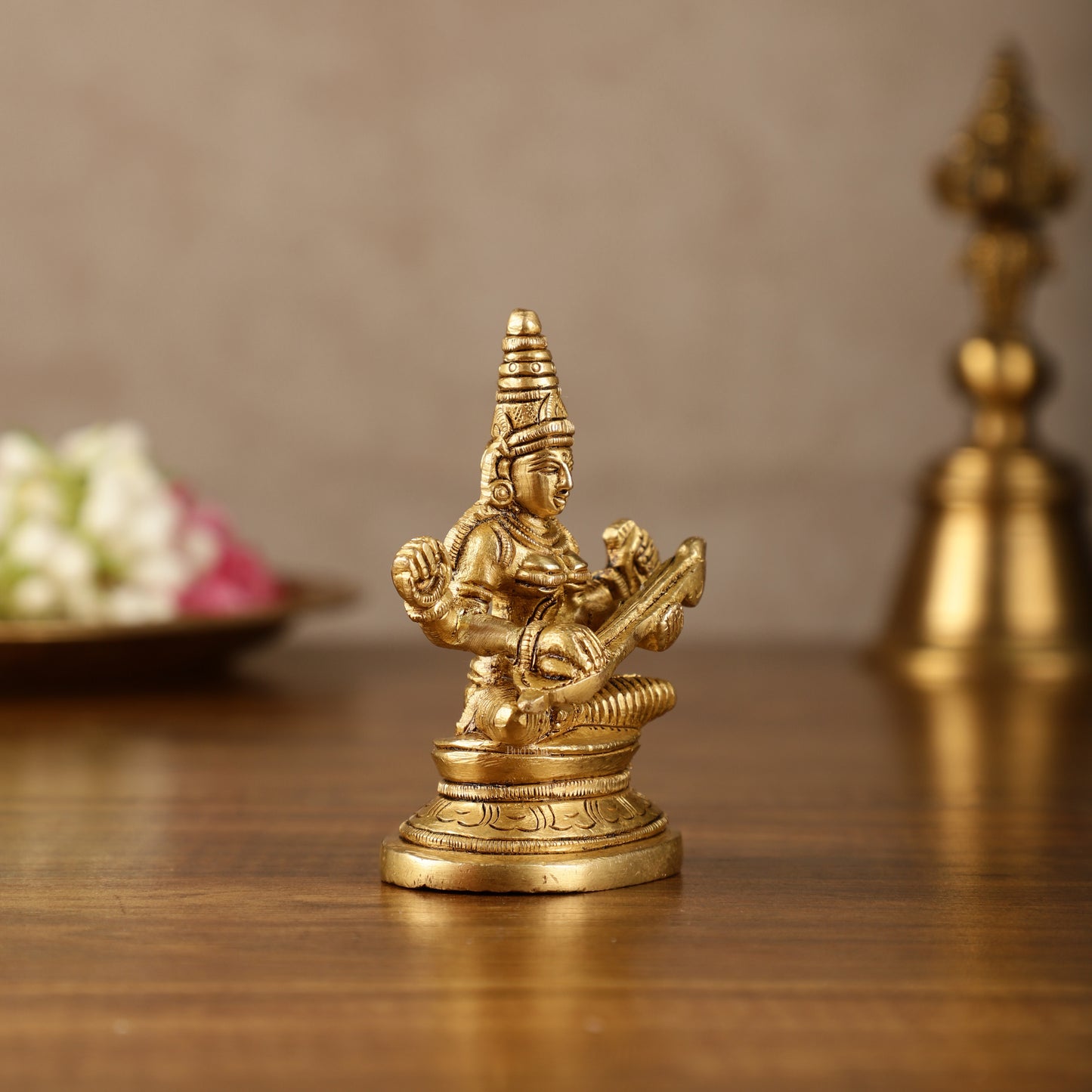 Pure Brass Small Goddess Saraswati Idol | 3.5 Inch