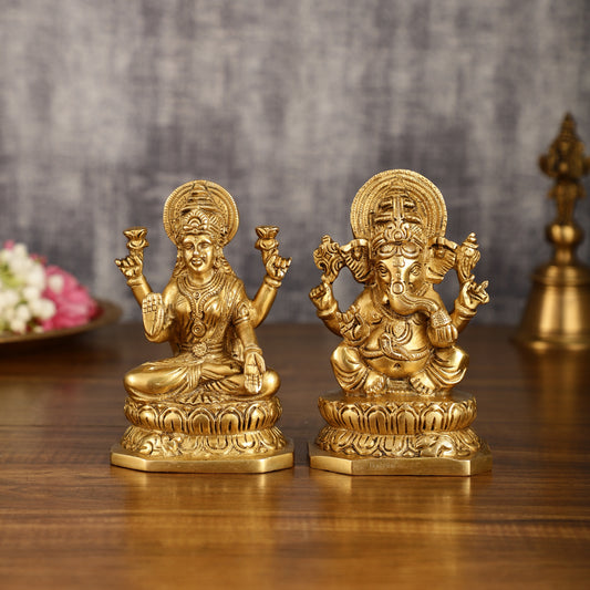 Brass Ganesha and Lakshmi Statues | 6 Inch