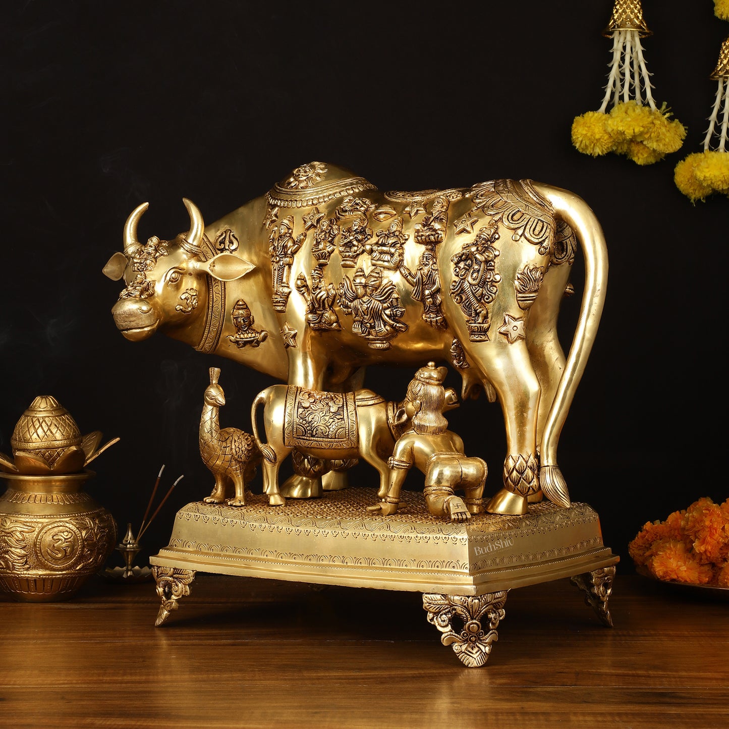 Brass Handcrafted Large Cow with Calf and Hindu Deities 20 inch