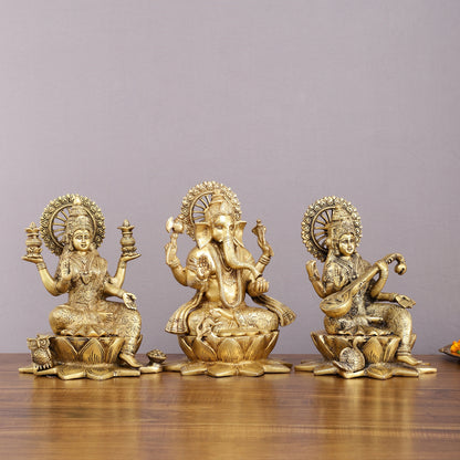 Pure Brass Ganesh Lakshmi Saraswati Set - 11" Divine Trio for Prosperity