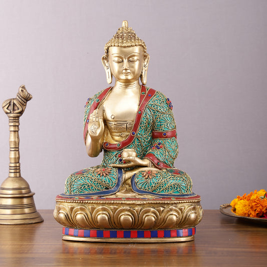 Brass Buddha Statue with Stonework - 12 inch