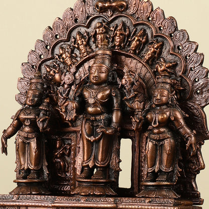 7" Pure Copper Tirupati Balaji with Bhudevi and Sridevi Dashavatar Arch Statue