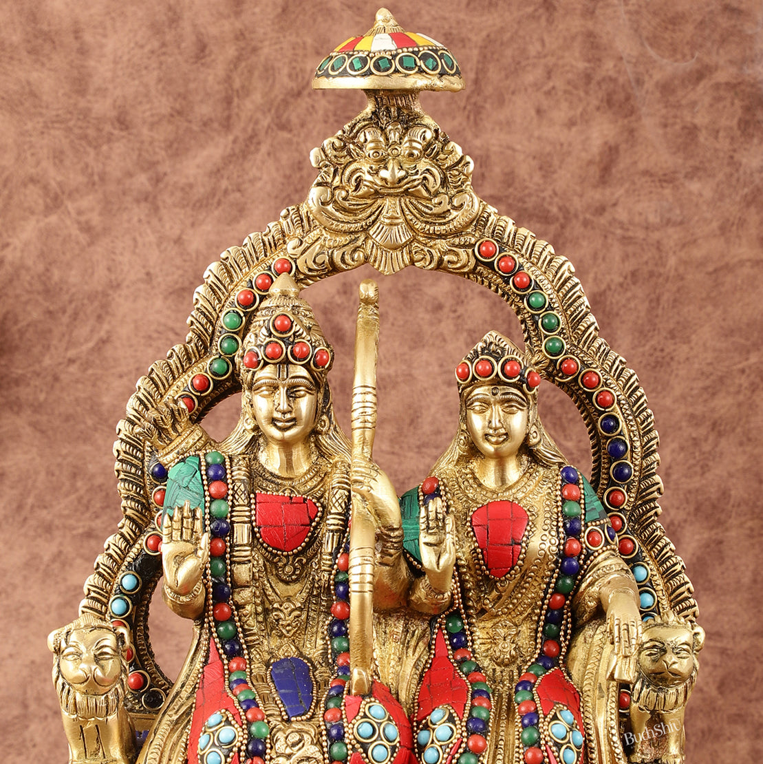 Rama, Sita, and Hanuman brass idol | 11" Height with stonework