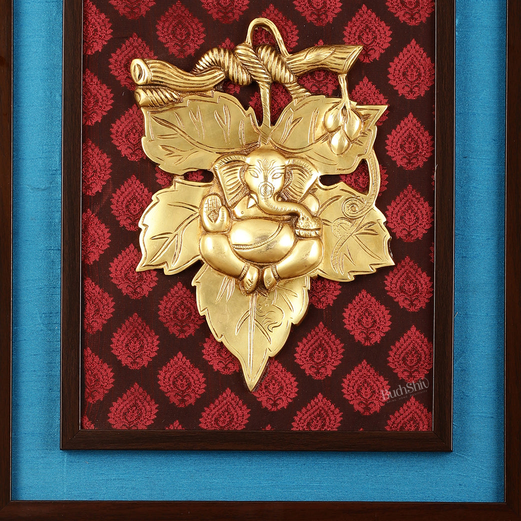 Brass Ganesha Mural on Wooden Frame with Premium Fabric - 18.5" x 16"