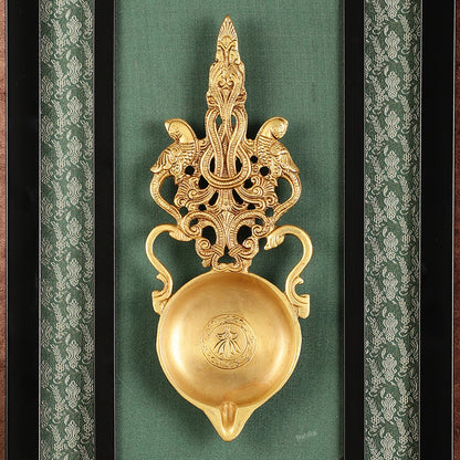 Unique Brass Diya on Wooden Frame with Premium Fabric | 18.5 Inch Wall Hanging